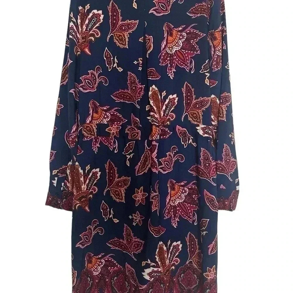 Liz Claiborne Vintage Paisley Shirt Dress Navy Floral Midi Large - Picture 3 of 8